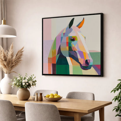 The Prismatic Profile horse portrait wall art displayed in a dining room