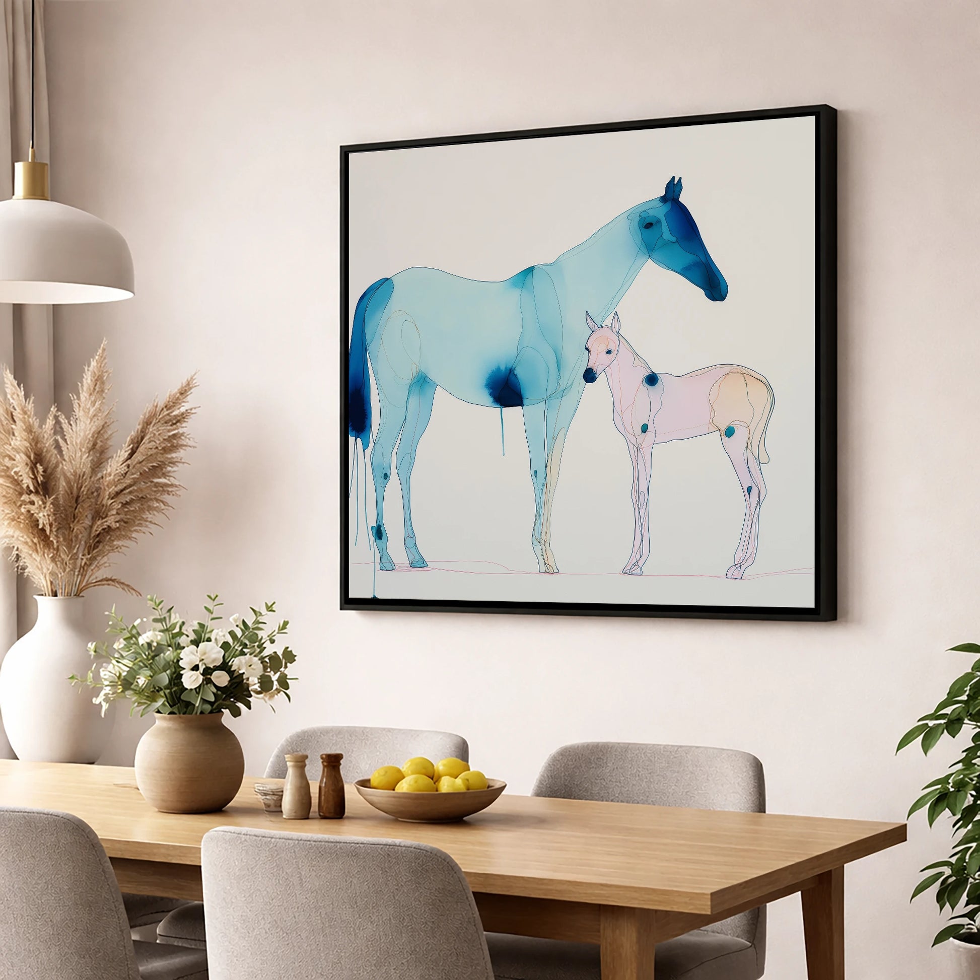Cerulean Bond mare & foal wall art displayed in a dining room