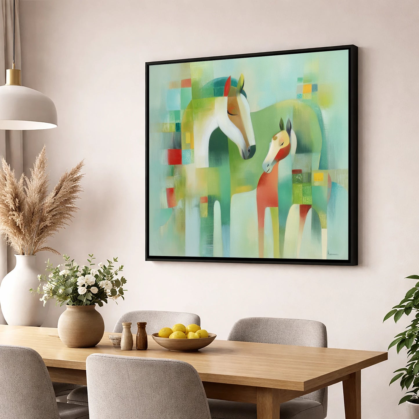 Contemporary Equine Harmony mare & foal wall art displayed in a dining room