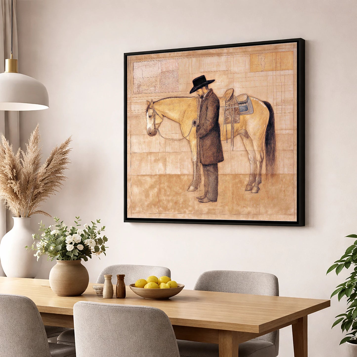 The Quiet Bond western horse wall art displayed in a dining room