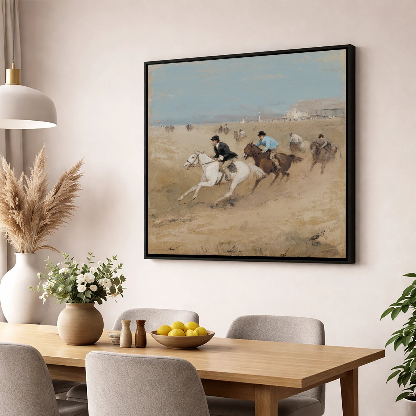 Galloping on the Sands racing horse wall art displayed in a dining room