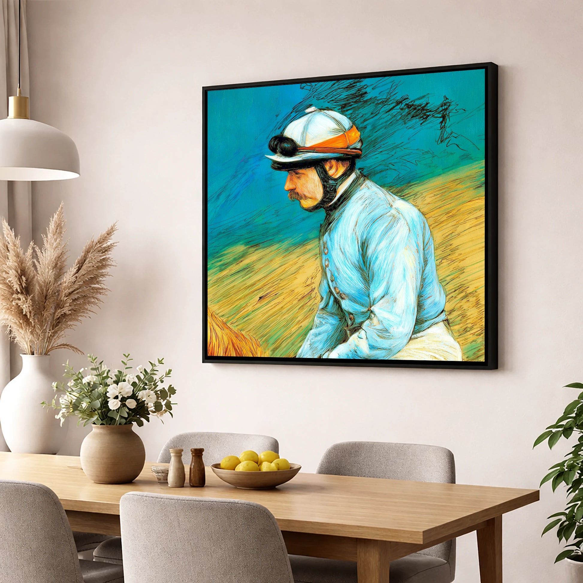 The Cerulean Silks racing horse wall art displayed in a dining room