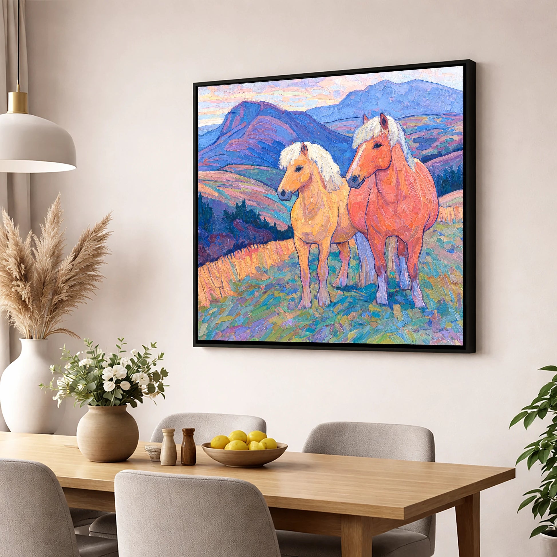 Highland Fjord Companions horse landscape wall art displayed in a dining room