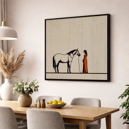 The Shared Silence horse & rider wall art displayed in a dining room
