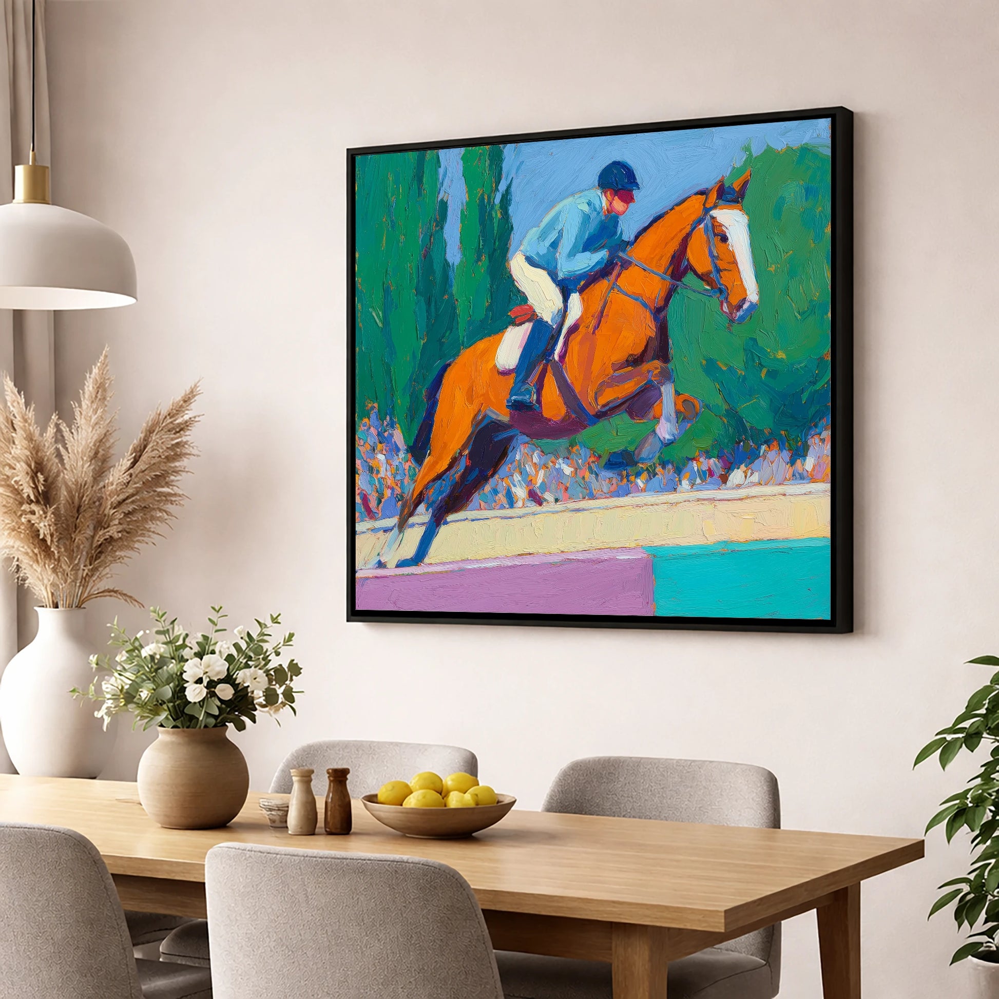 Bold Clear Round show jumping horse wall art displayed in a dining room