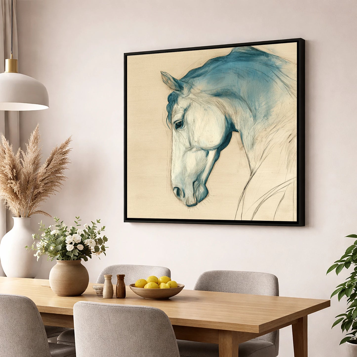 Teal Wash Equine Profile horse portrait wall art displayed in a dining room