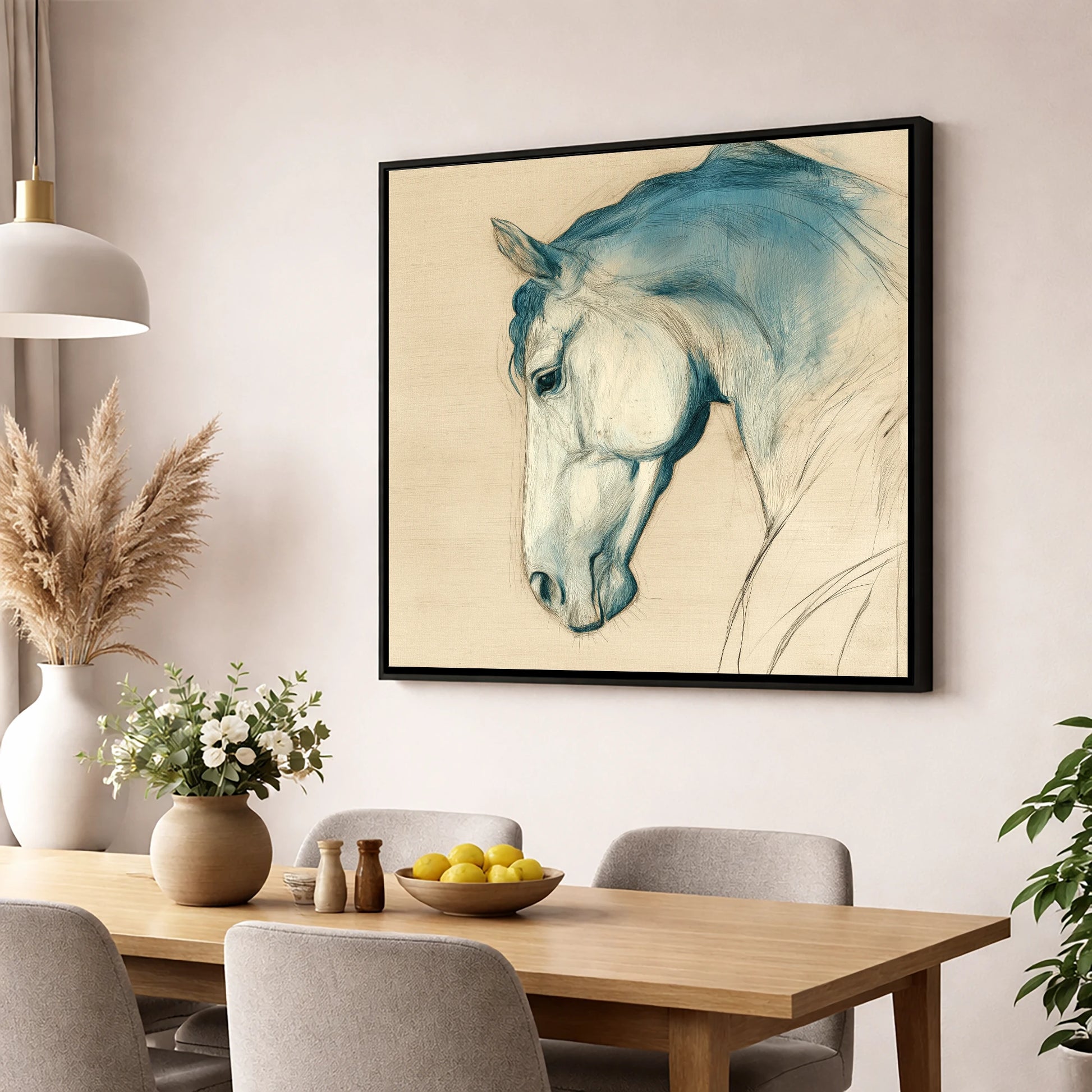 Teal Wash Equine Profile horse portrait wall art displayed in a dining room