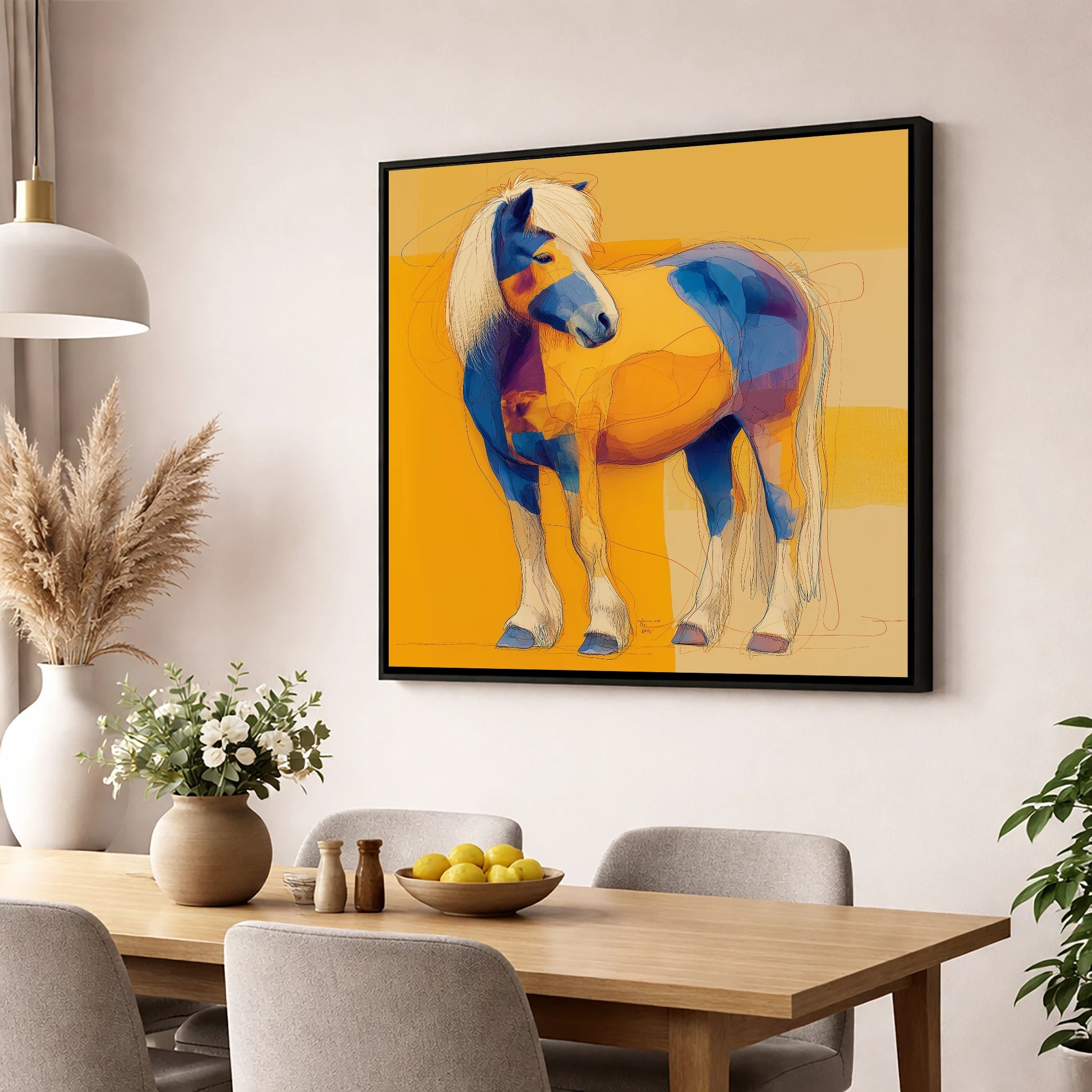 Vibrant Native Spirit horse breed wall art displayed in a dining room