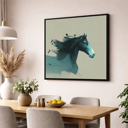 Dynamic Teal Spirit horse breed wall art displayed in a dining room
