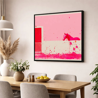 Crimson Doorway horse stable wall art displayed in a dining room