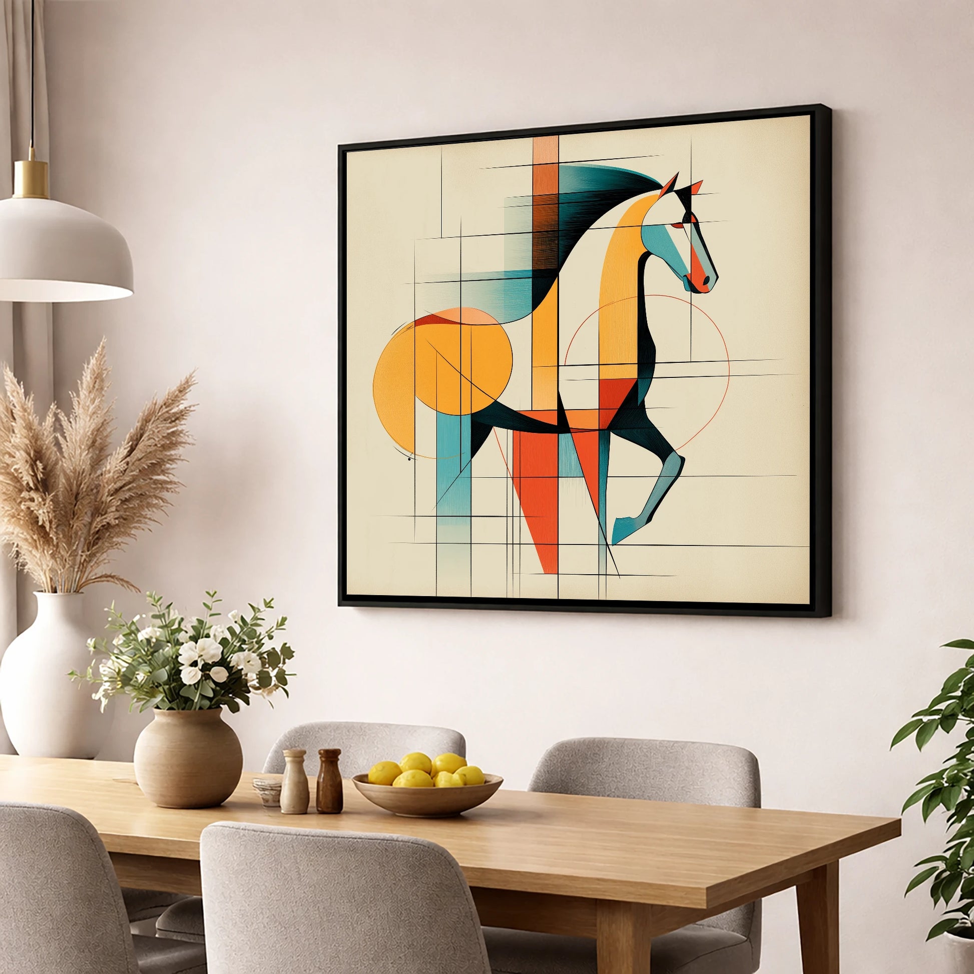 Geometric Equine Profile horse portrait wall art displayed in a dining room
