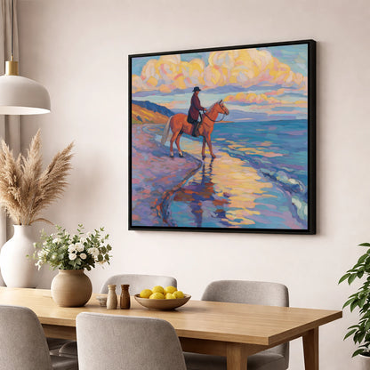 Sunset Coastal Reflections beach horse wall art displayed in a dining room