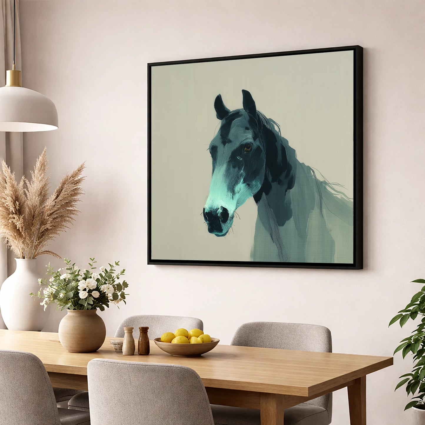 Contemporary Teal Equine horse portrait wall art displayed in a dining room