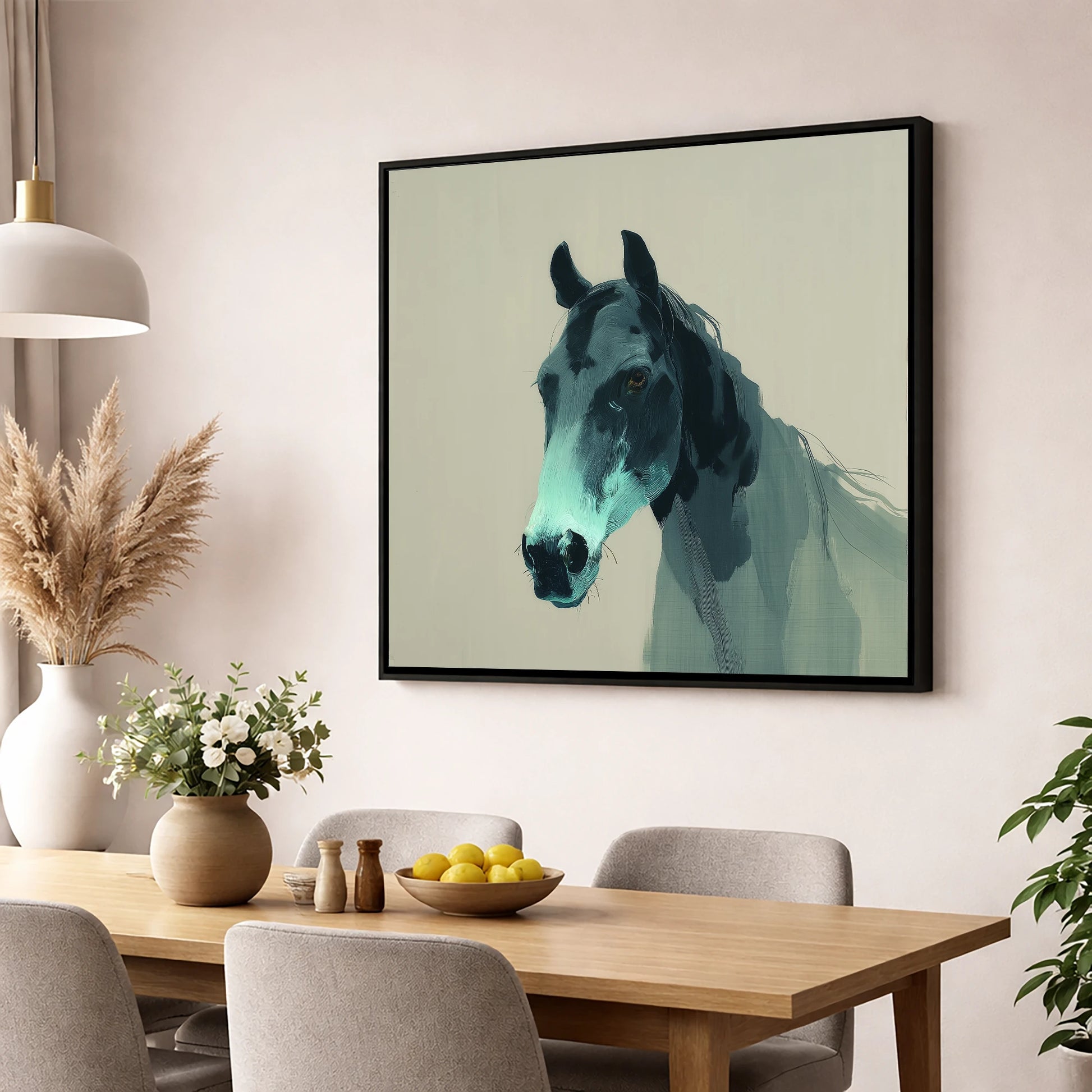 Contemporary Teal Equine horse portrait wall art displayed in a dining room