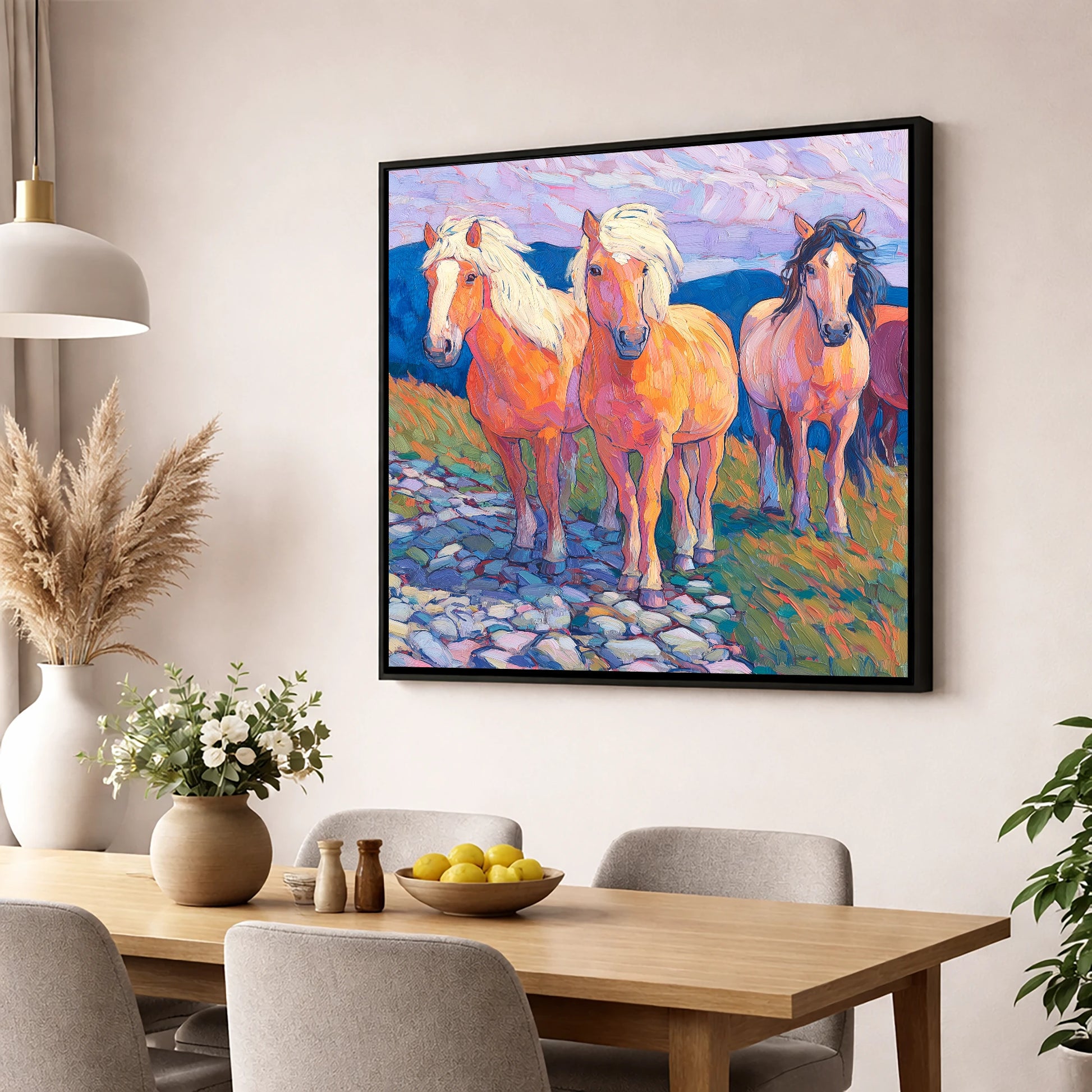 Painted Highland Herd horse landscape wall art displayed in a dining room