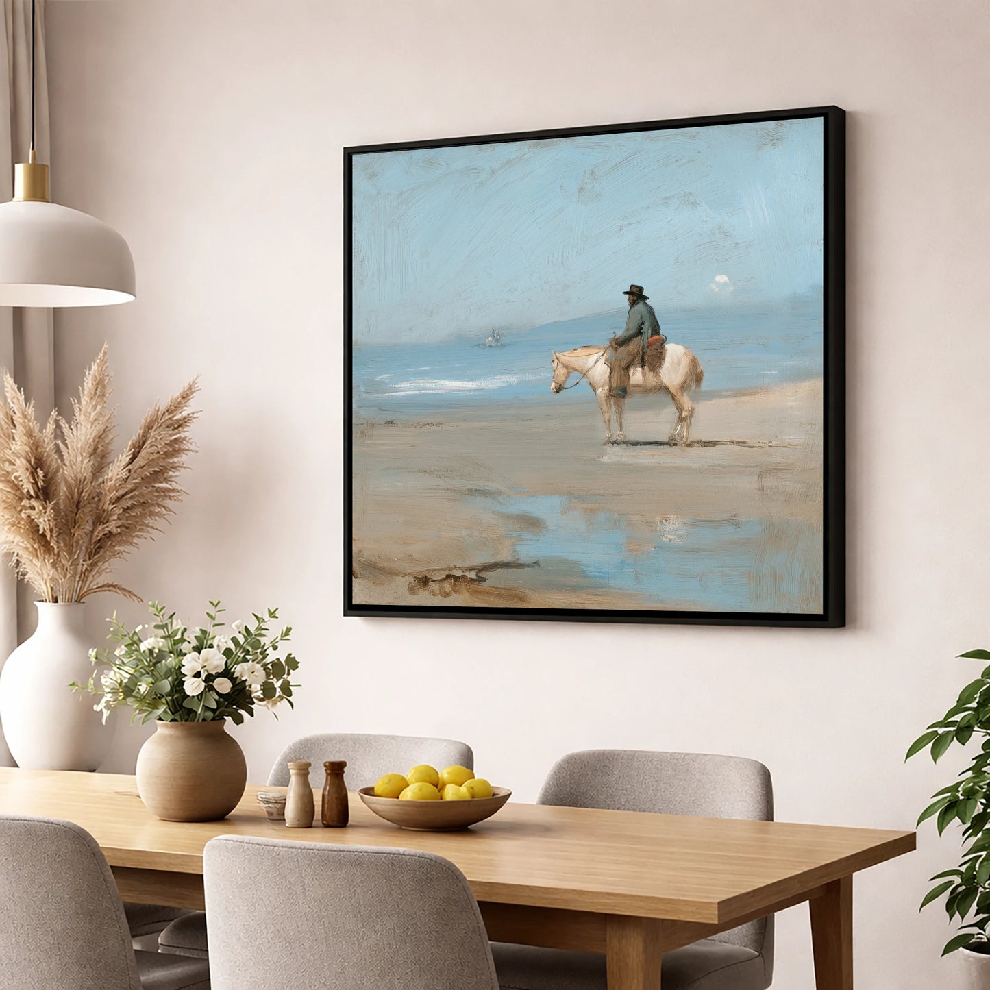 Coastal Contemplation horse landscape wall art displayed in a dining room