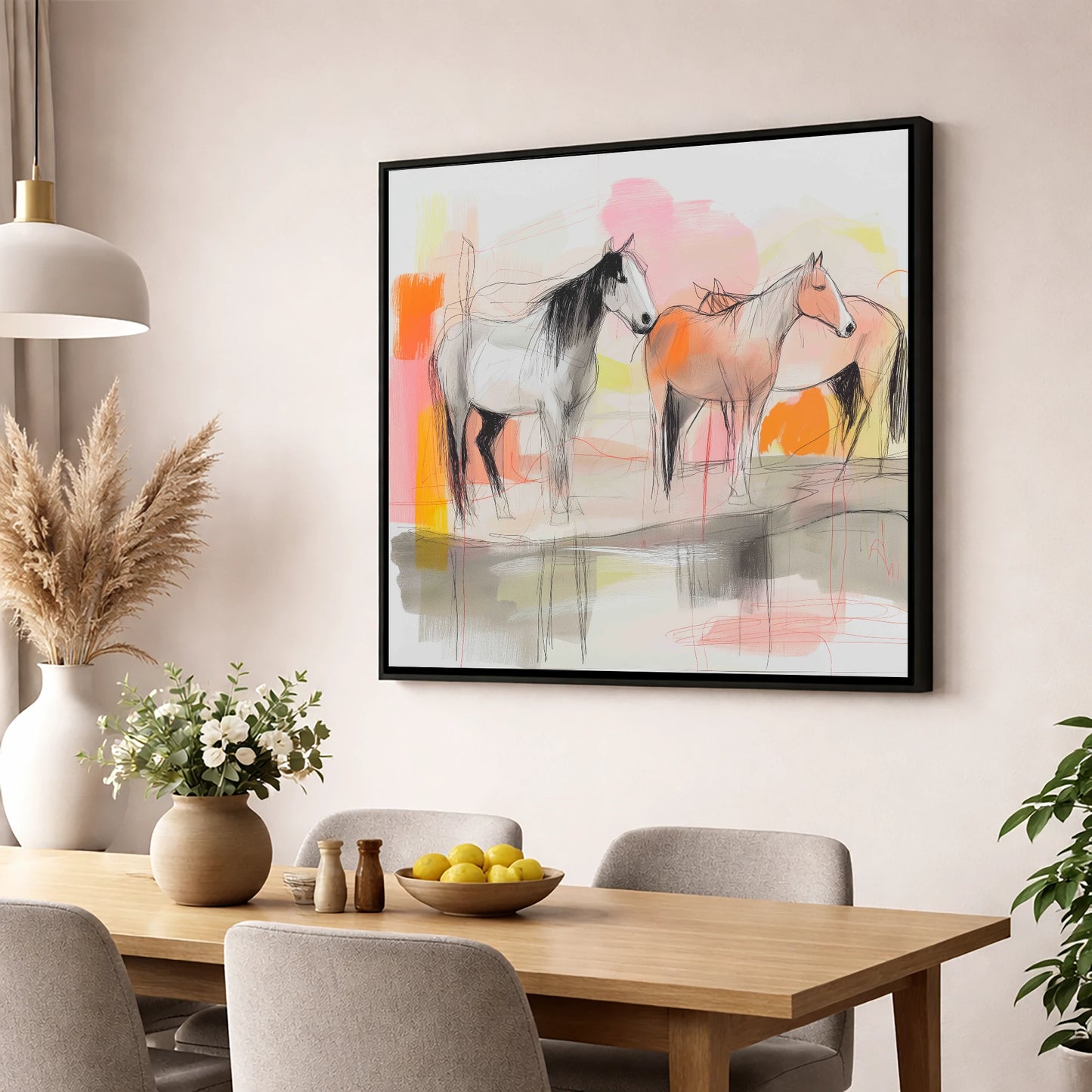 Sunset Harmony on the Plains wild horses wall art displayed in a dining room