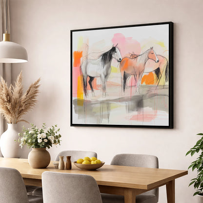 Sunset Harmony on the Plains wild horses wall art displayed in a dining room
