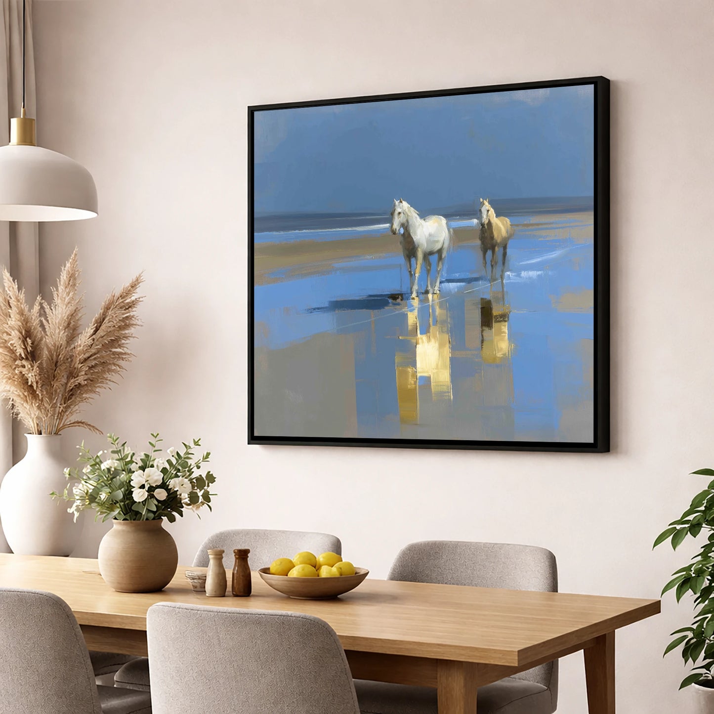 Coastal Reflections horse landscape wall art displayed in a dining room