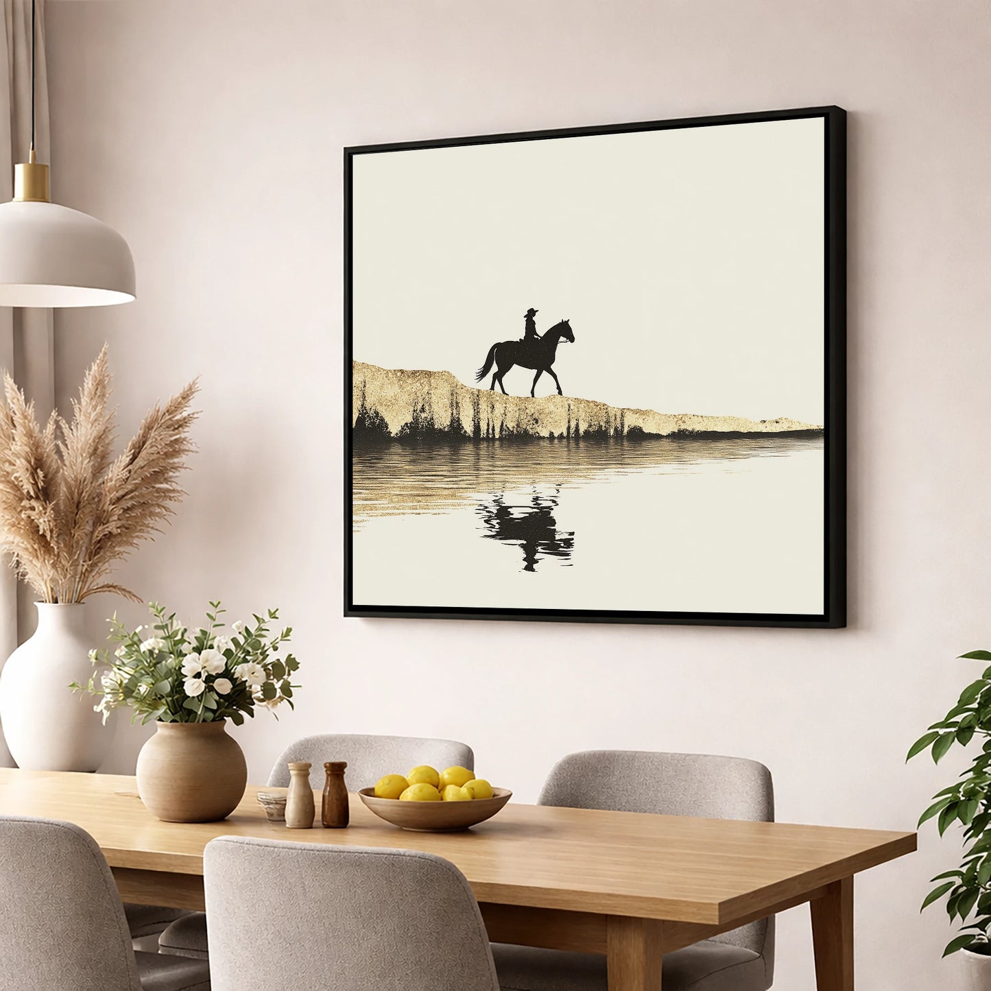 Golden Shores Silhouette beach horse wall art displayed in a dining room