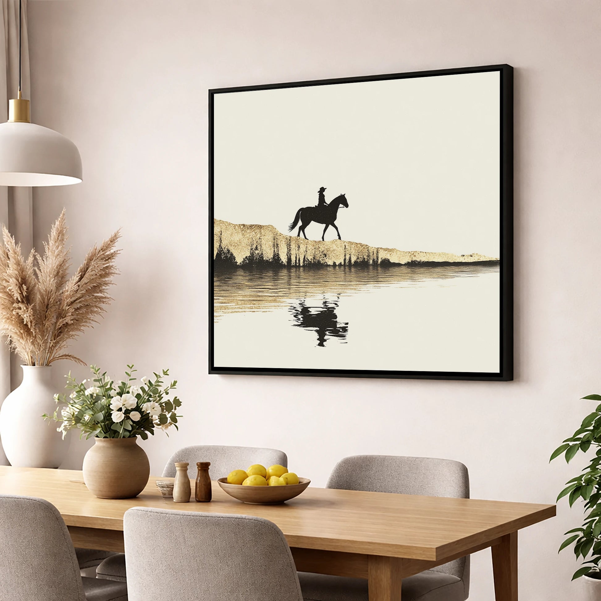 Golden Shores Silhouette beach horse wall art displayed in a dining room