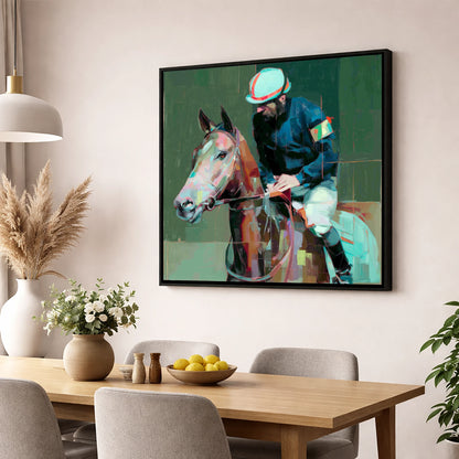 Quiet Intensity racing horse wall art displayed in a dining room