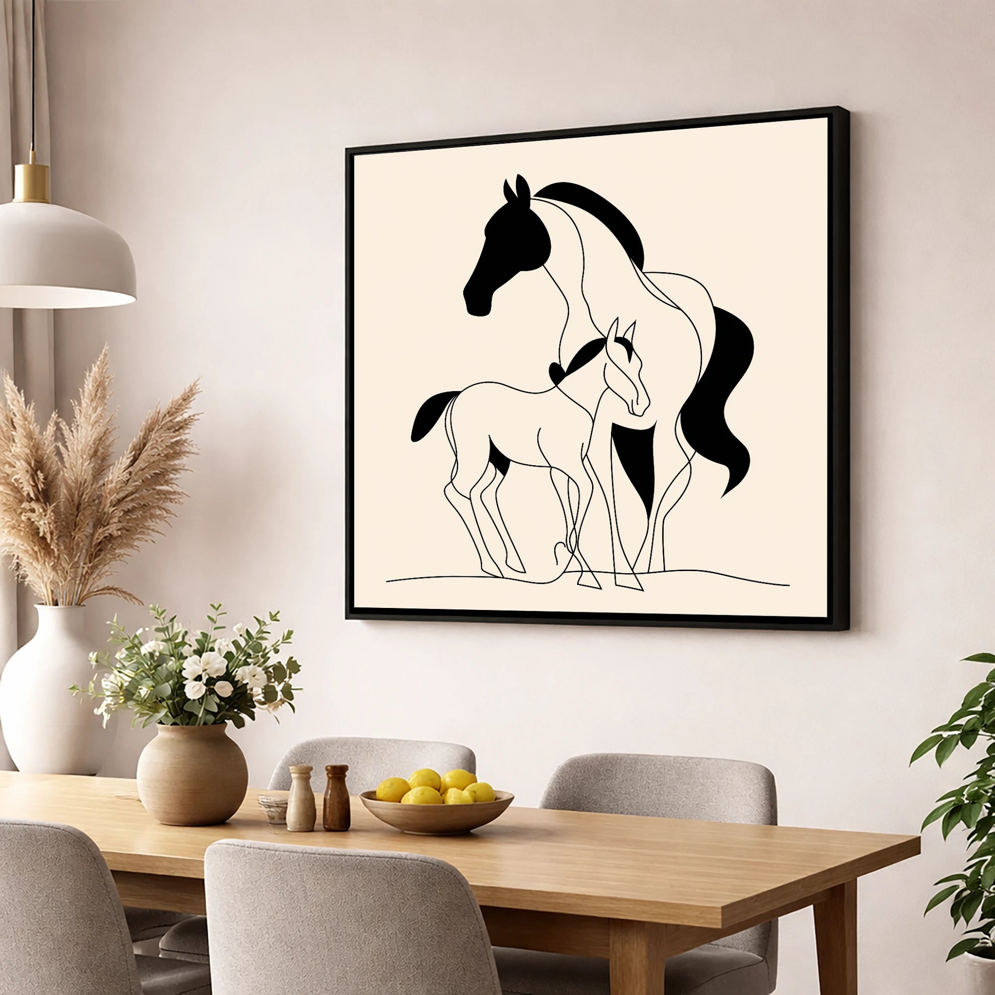 Tender Bond Line Art mare & foal wall art displayed in a dining room