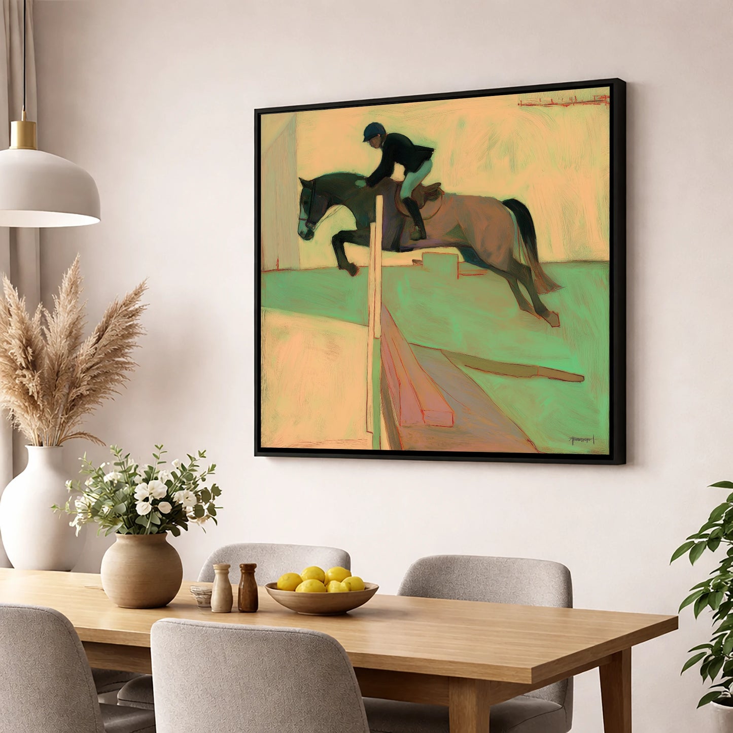 Flight and Form show jumping horse wall art displayed in a dining room