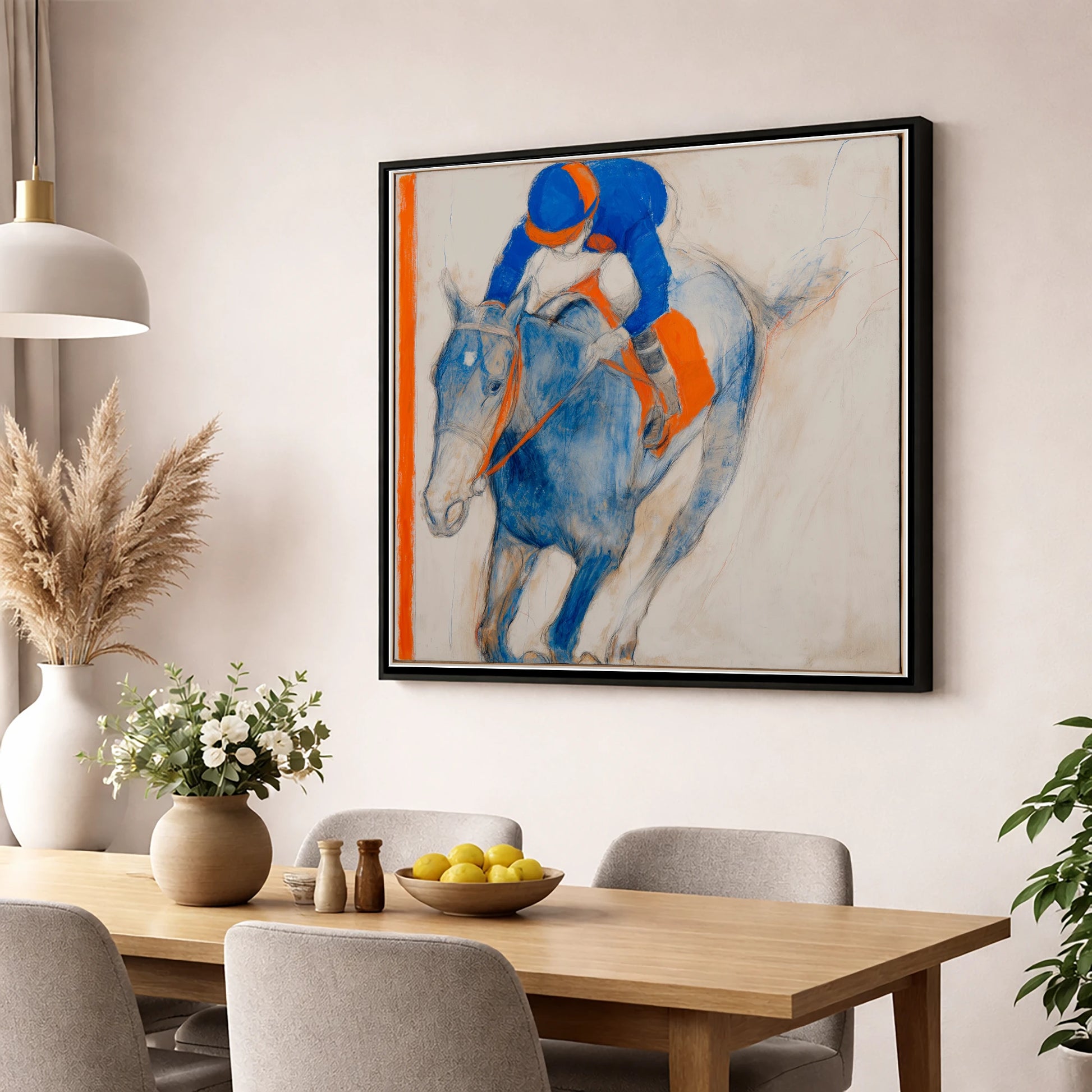 Ultramarine Gallop racing horse wall art displayed in a dining room
