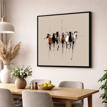 The Fluid Herd wild horses wall art displayed in a dining room
