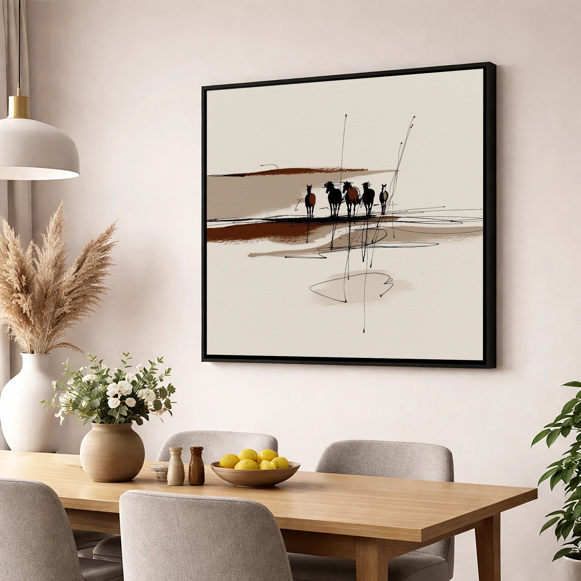 Abstract Herd Shadows wild horses wall art displayed in a dining room