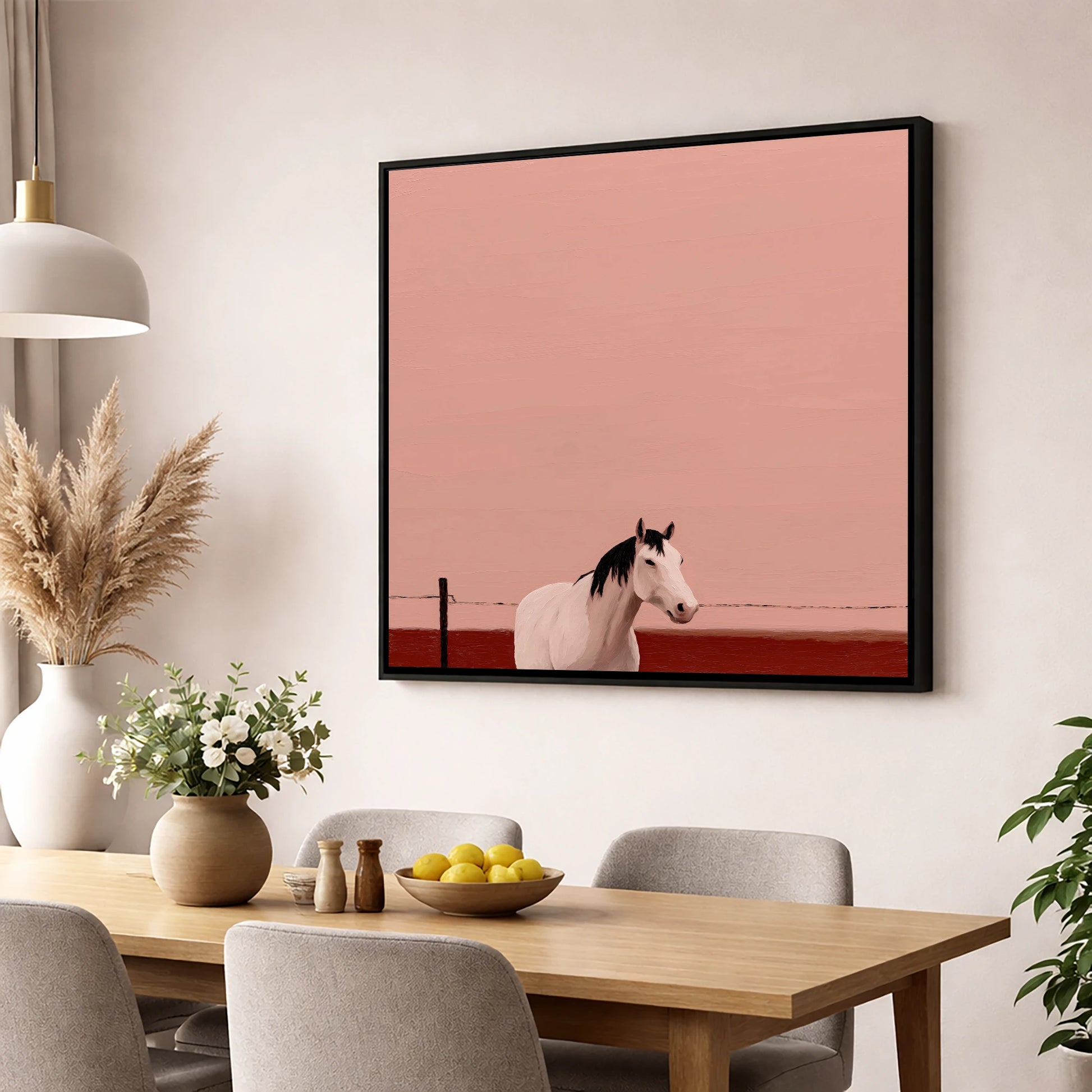 Dusty Rose Horizon horse portrait wall art displayed in a dining room