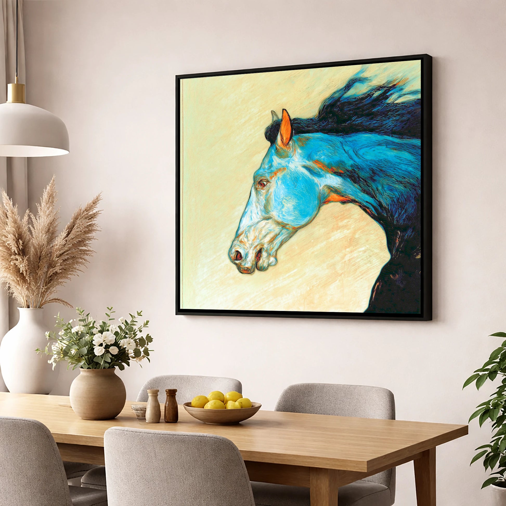 Cerulean Spirit racing horse wall art displayed in a dining room