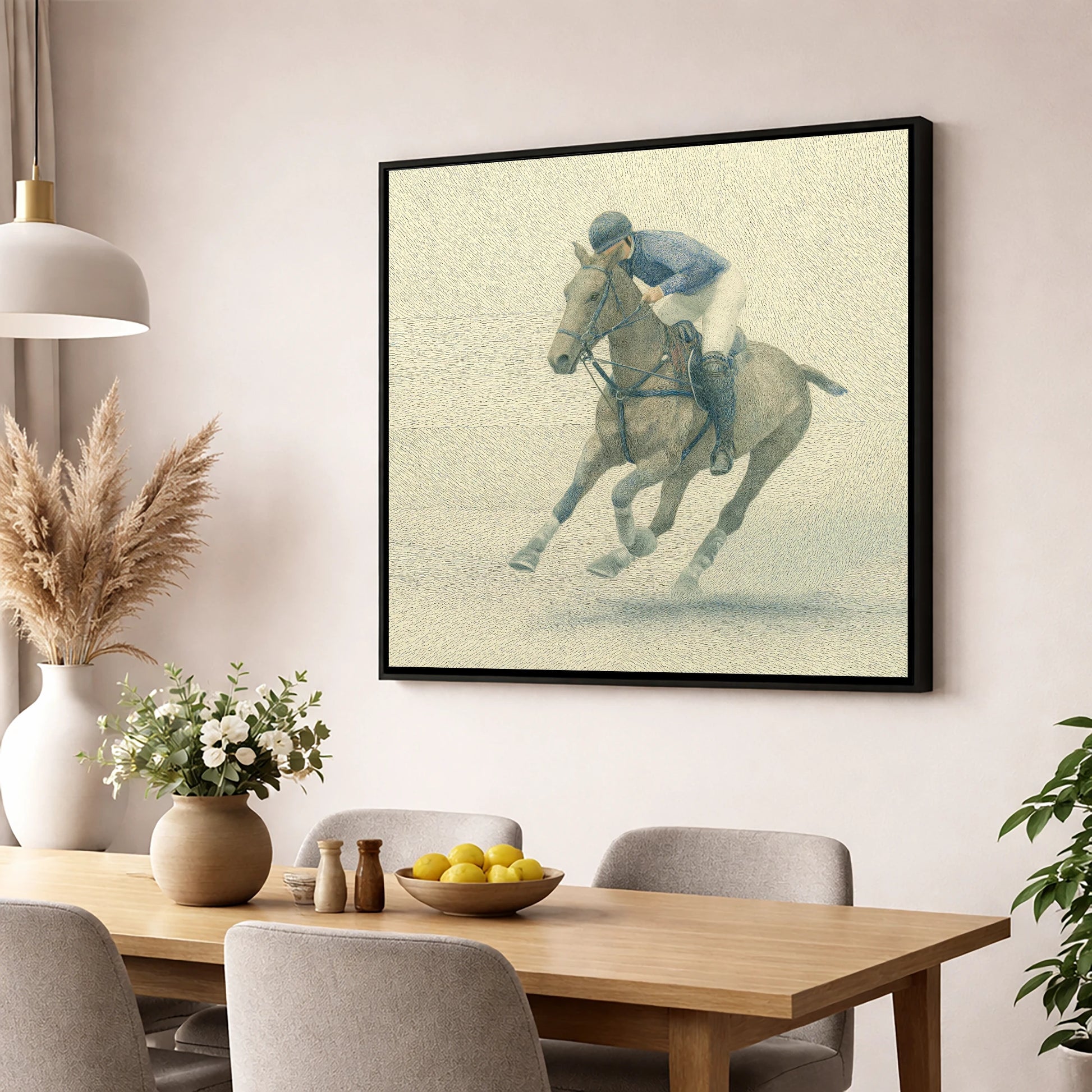 Chukka in Slate Blue polo horse wall art displayed in a dining room