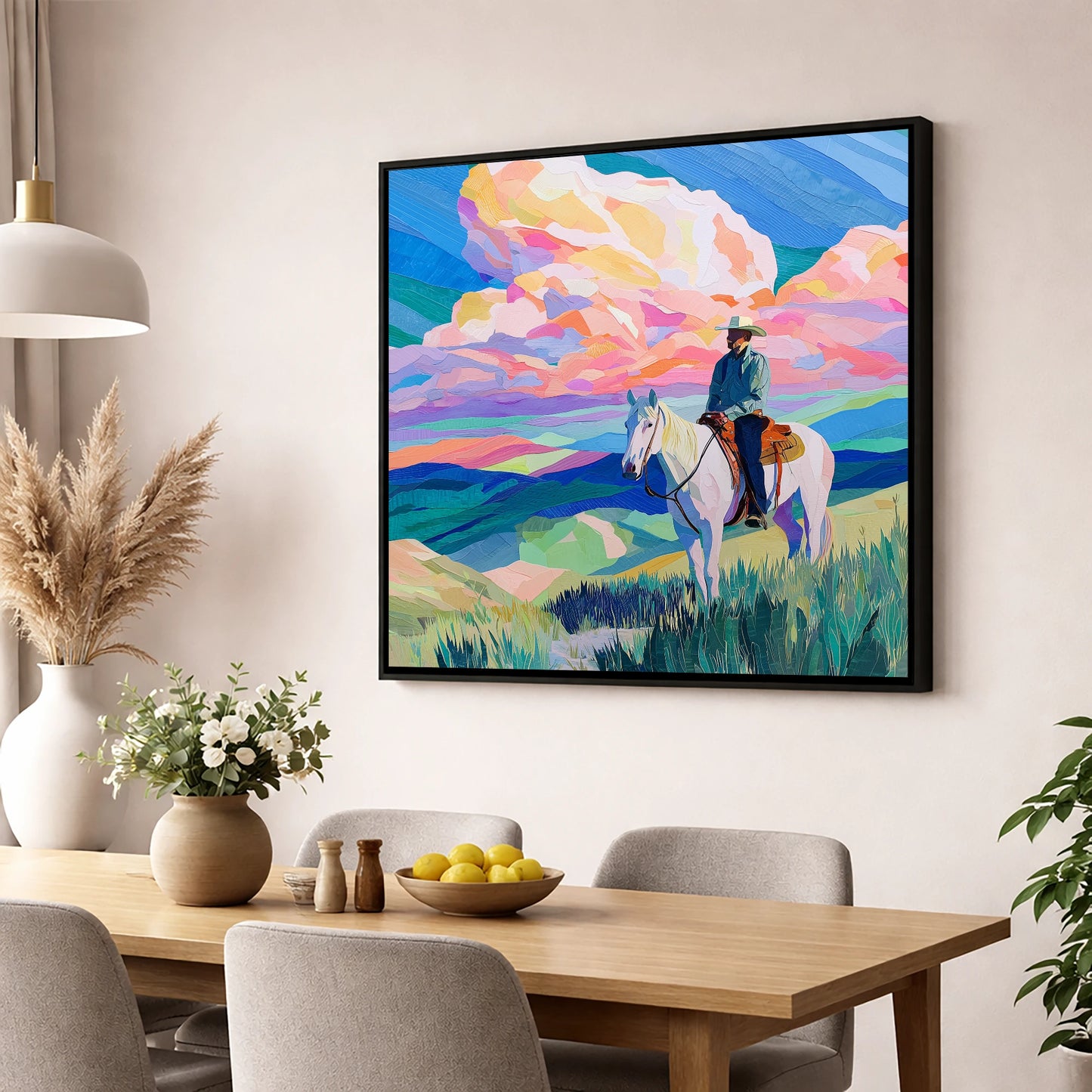 Painted Prairie Rider western horse wall art displayed in a dining room