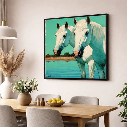 Companions in Teal Waters horse landscape wall art displayed in a dining room