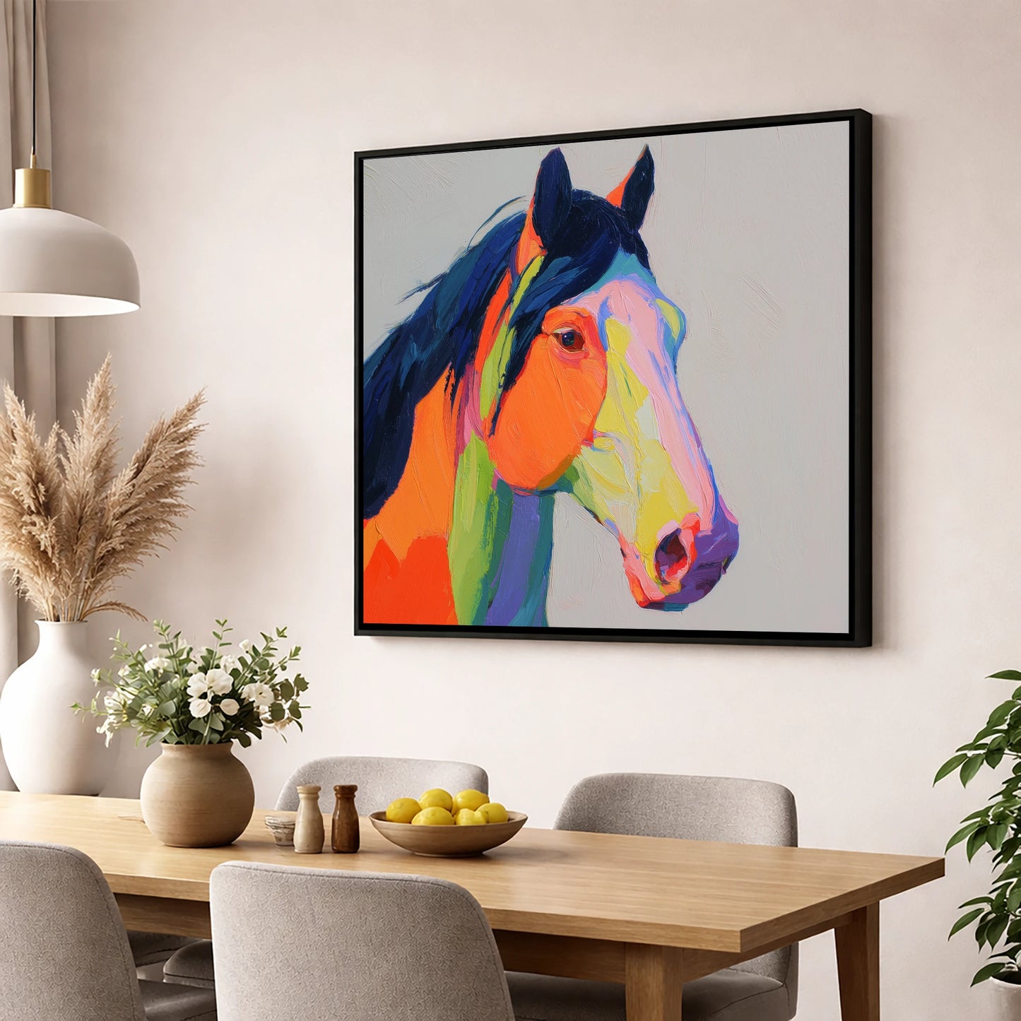 Technicolour Equine Profile horse portrait wall art displayed in a dining room