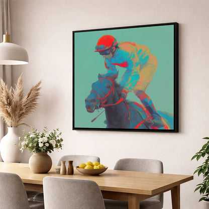 Electric Furlong racing horse wall art displayed in a dining room