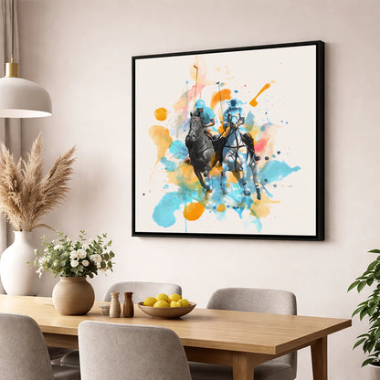 Mid-Chukka Clash polo horse wall art displayed in a dining room