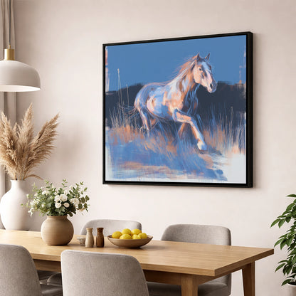 Wanderer in Blue horse landscape wall art displayed in a dining room