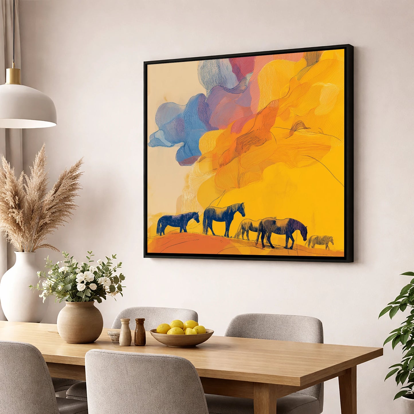 Golden Horizon Herd horse landscape wall art displayed in a dining room
