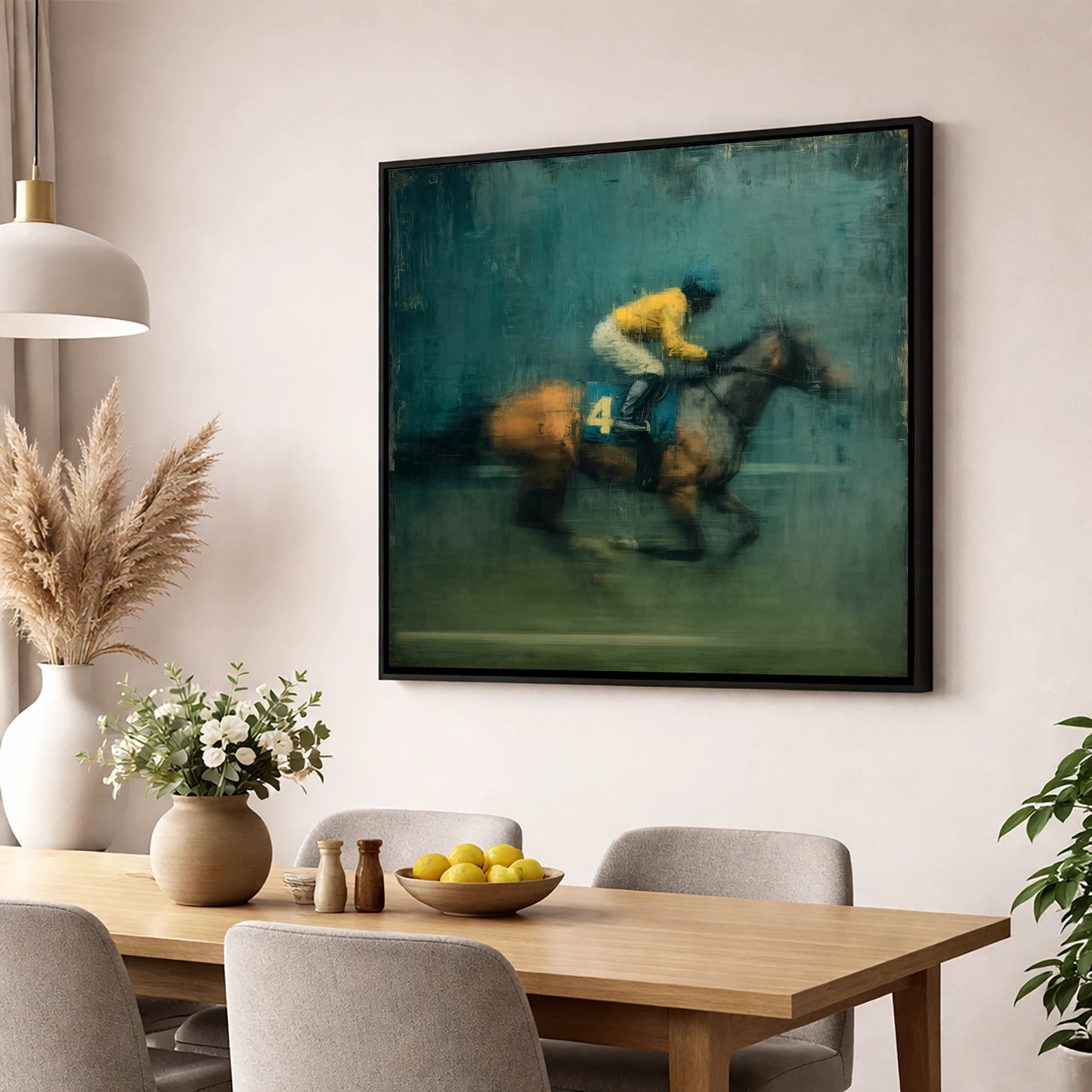 Velocity in Yellow racing horse wall art displayed in a dining room