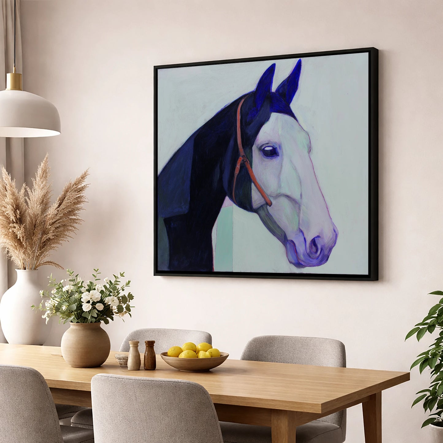 Indigo and Ice horse portrait wall art displayed in a dining room