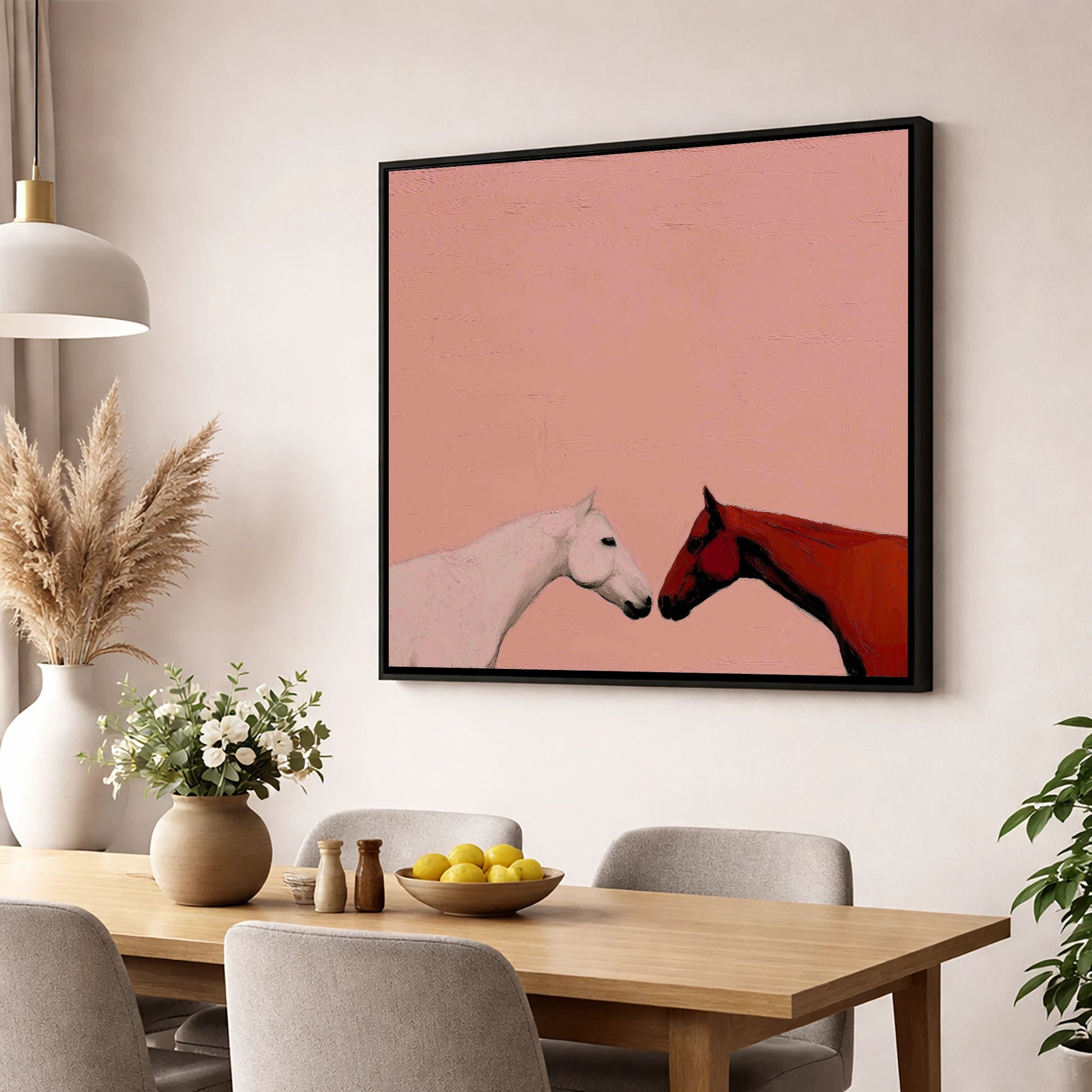 Gentle Encounter horse portrait wall art displayed in a dining room