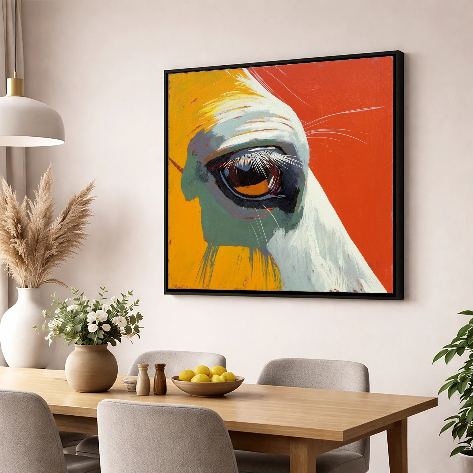 The Amber Gaze horse portrait wall art displayed in a dining room