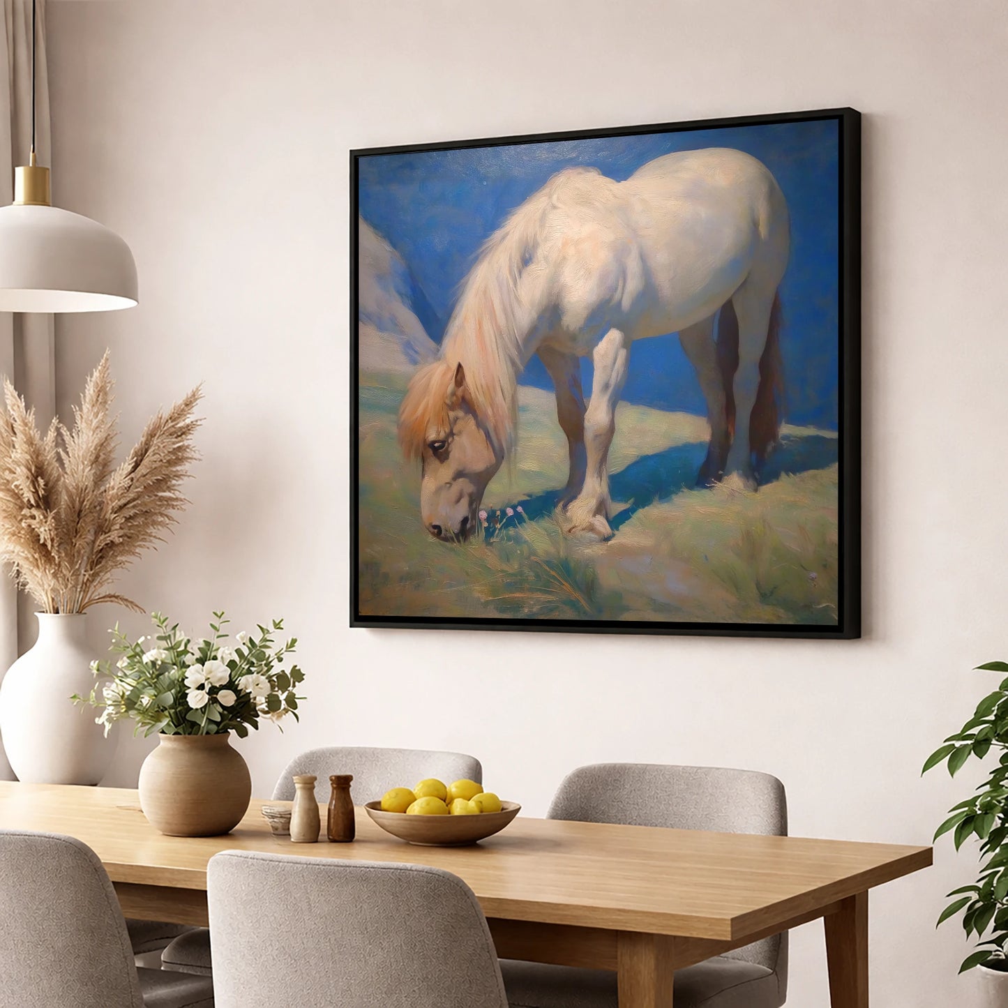 Sunlit Grazing horse breed wall art displayed in a dining room