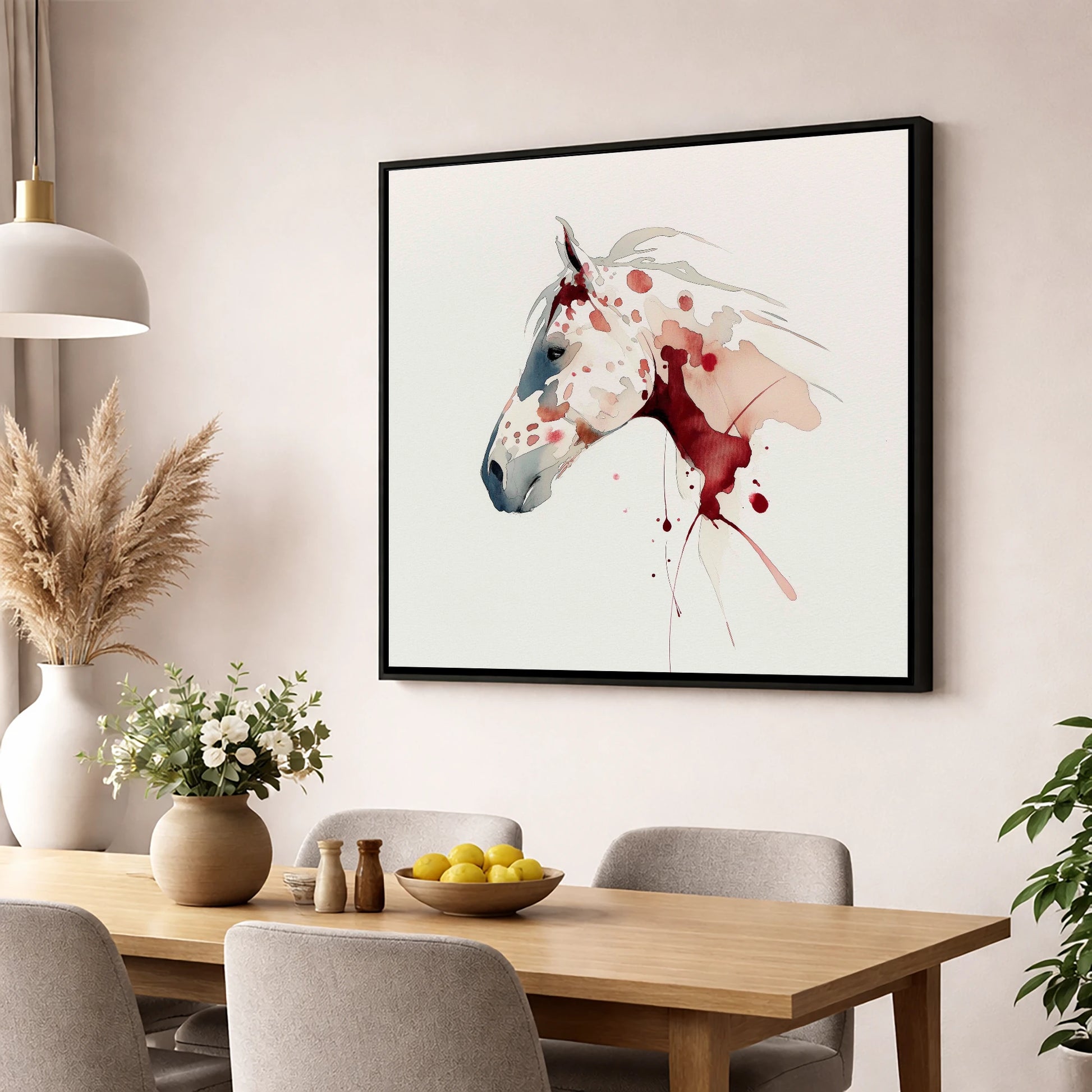 Crimson Appaloosa Profile horse breed wall art displayed in a dining room