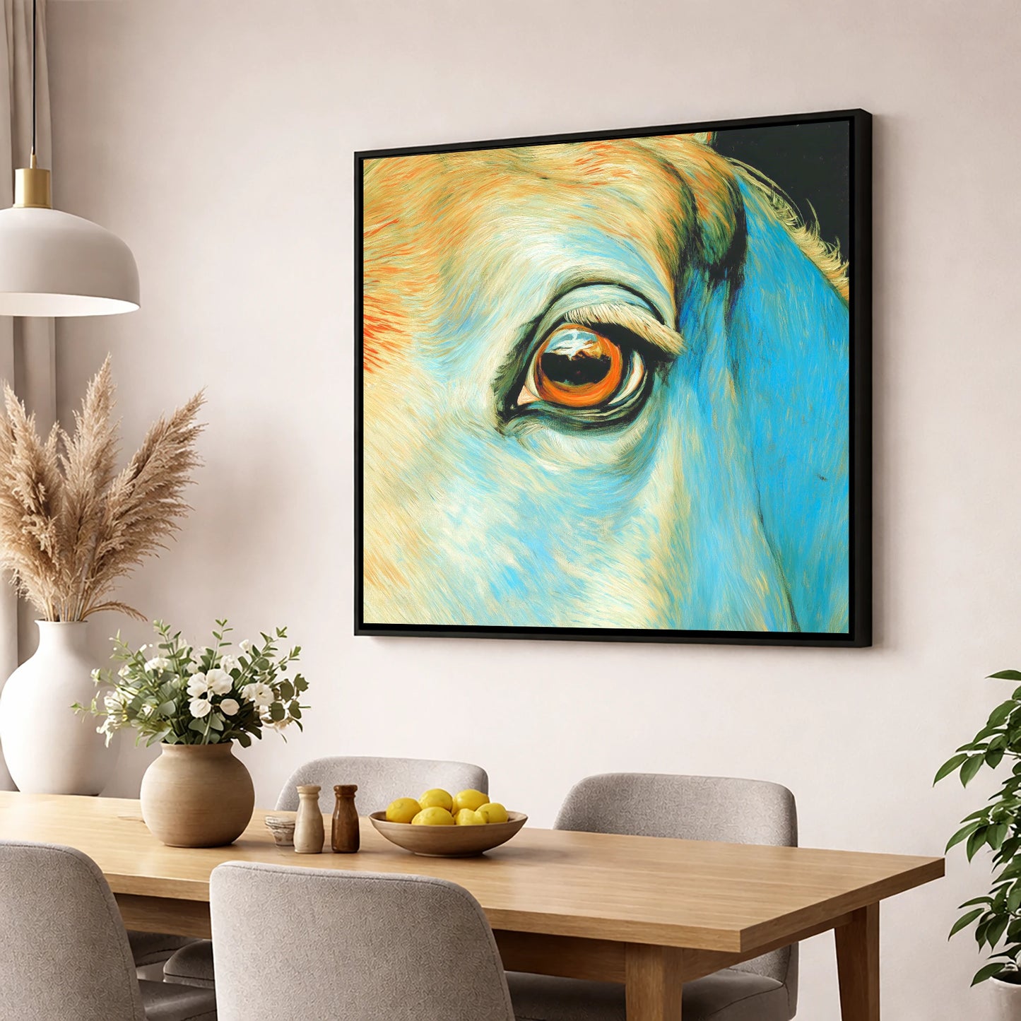 The Azure Gaze horse portrait wall art displayed in a dining room