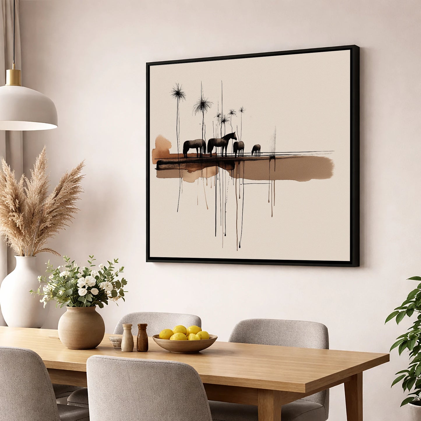 Silent Gathering at Dusk wild horses wall art displayed in a dining room