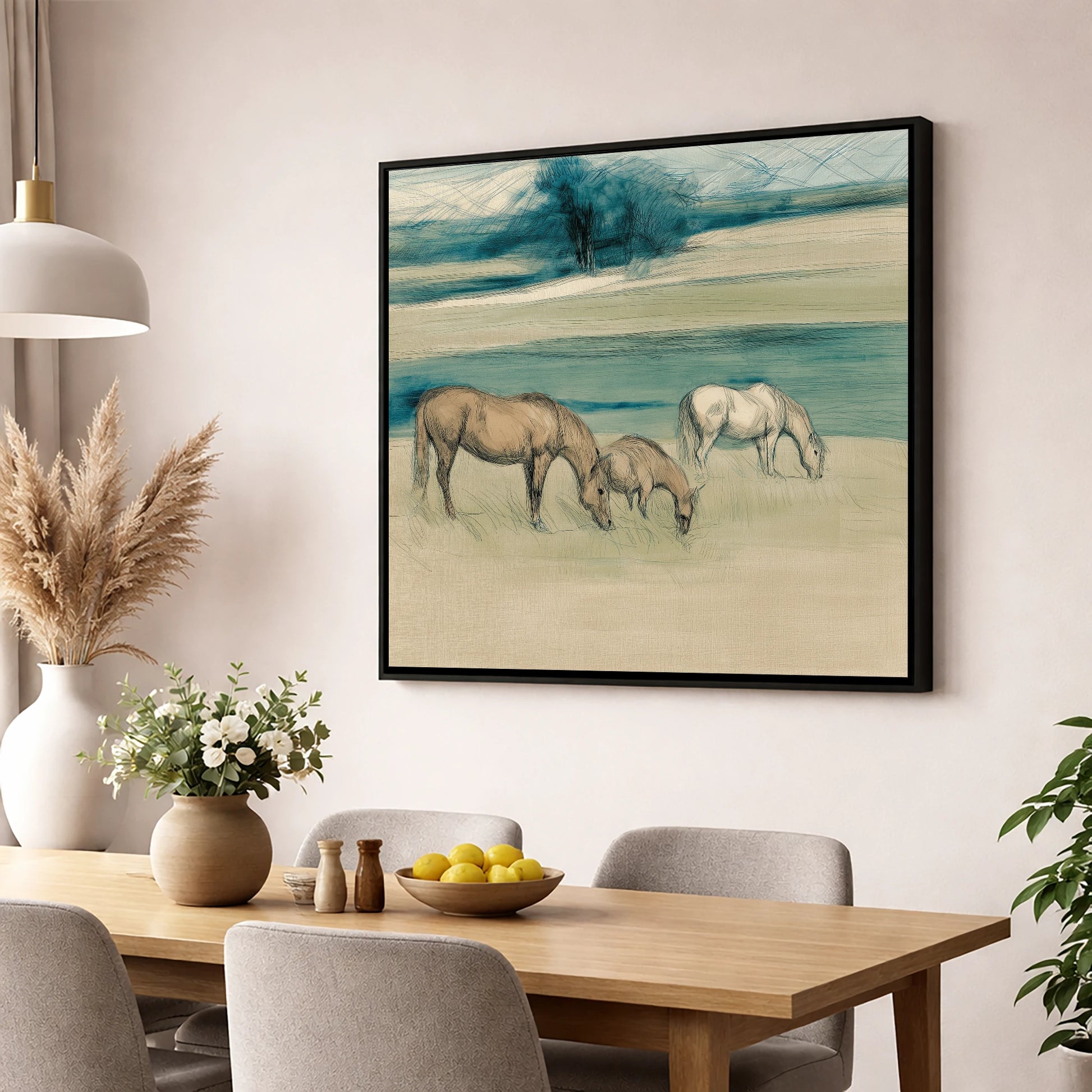 Tranquil Teal Pastures mare & foal wall art displayed in a dining room